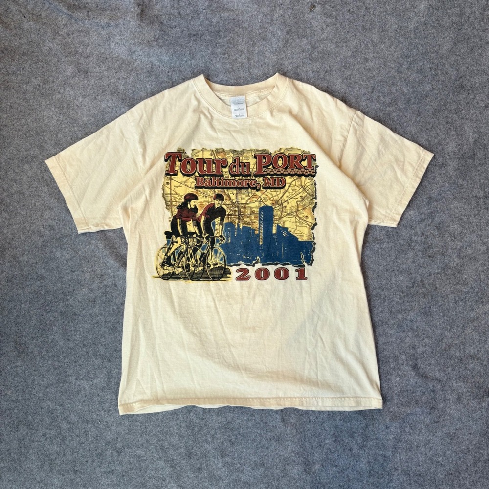 Vintage 2001 Tour du Port Baltimore MD Cycling T-Shirt Mens Large Cream Gildan